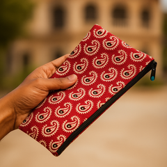 Crimson Paisley Handloom Fabric Zipper Pouch (1 Pcs)