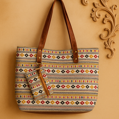 Tribal Pattern Cotton Tote Bag with Coin Pouch