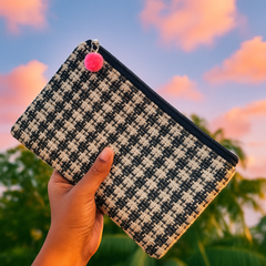 Monochrome Check Jute Zipper Pouch