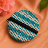Aqua White Round Jute Zipper Pouch