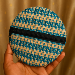 Aqua White Round Jute Zipper Pouch