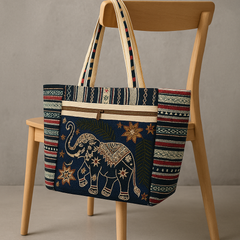 Ethnic Elephant Embroidered Jute Tote Bag