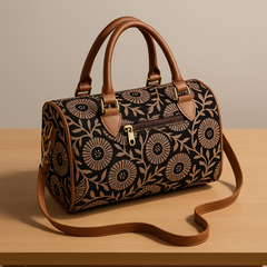 Floral Barrel Handbag with Tan Straps