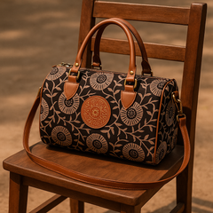 Floral Barrel Handbag with Tan Straps