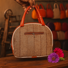 Textured Jute-Style Handbag – Tan Brown Finish