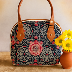 Mandala Red Print Cotton Handbag – Faux Leather Trimmed Tote