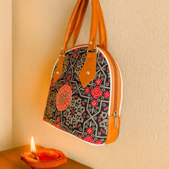 Mandala Red Print Cotton Handbag – Faux Leather Trimmed Tote