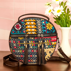 Boho Chic Round Sling Bag – Multicolor Patch & Tassels
