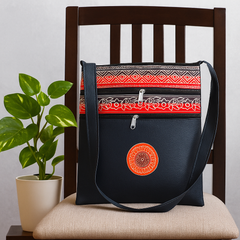 Navy Blue Faux Leather Ethnic Sling – Triple Zip Utility Bag