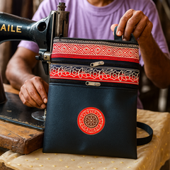 Navy Blue Faux Leather Ethnic Sling – Triple Zip Utility Bag