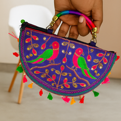Vibrant Embroidered Sling – Rainbow Strap Parrot Motif Purse