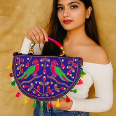Vibrant Embroidered Sling – Rainbow Strap Parrot Motif Purse