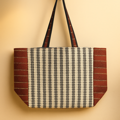 Rust Edge Handloom Tote – Elegant Black & Cream Bag