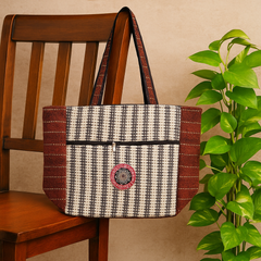 Rust Edge Handloom Tote – Elegant Black & Cream Bag