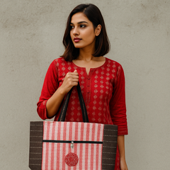 Cherry Check Handloom Tote – Red & Brown Everyday Bag