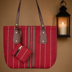 Stylish Red Handbag with Vertical Stripe Detailing
