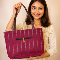 Stylish Red Handbag with Vertical Stripe Detailing