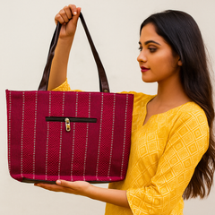 Stylish Red Handbag with Vertical Stripe Detailing