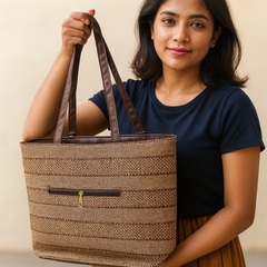 Classic Brown Handcrafted Handbag with Horizontal Weave Design