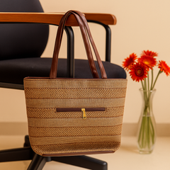 Classic Brown Handcrafted Handbag with Horizontal Weave Design