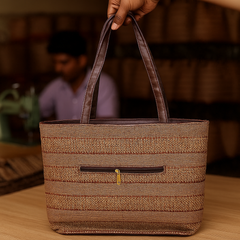 Classic Brown Handcrafted Handbag with Horizontal Weave Design
