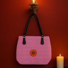 Stylish Pink Chevron Pattern Handbag with Black Accents