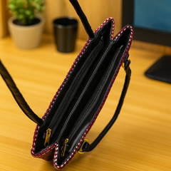 Stylish Pink Chevron Pattern Handbag with Black Accents