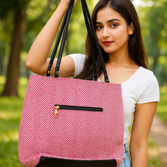Stylish Pink Chevron Pattern Handbag with Black Accents