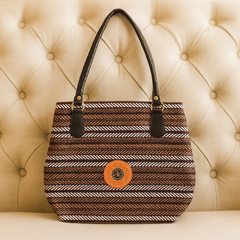 Brown Striped Jute Handbag with Black Handles and Orange Patch