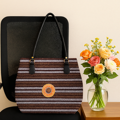 Brown Striped Jute Handbag with Black Handles and Orange Patch