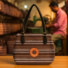 Brown Striped Jute Handbag with Black Handles and Orange Patch