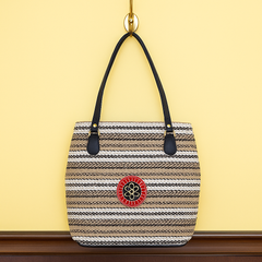 Brown Textured Jute Handbag with Black Leather Handles