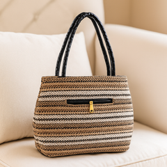 Brown Textured Jute Handbag with Black Leather Handles
