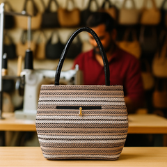 Brown Textured Jute Handbag with Black Leather Handles