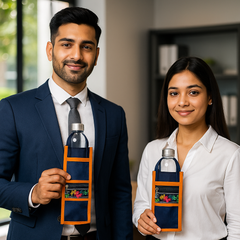 Embroidered Blue Water Bottle Handbag with Orange Trim