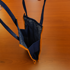 Embroidered Blue Water Bottle Handbag with Orange Trim