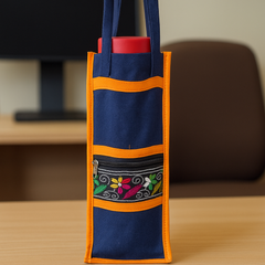 Embroidered Blue Water Bottle Handbag with Orange Trim