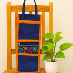 Embroidered Blue Water Bottle Handbag with Orange Trim