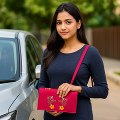 Elegant Bright Embroidered Clutch in Pink with Floral Handwork
