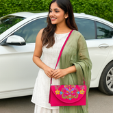 Elegant Bright Embroidered Clutch in Pink with Floral Handwork