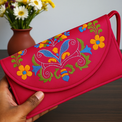 Elegant Bright Embroidered Clutch in Pink with Floral Handwork