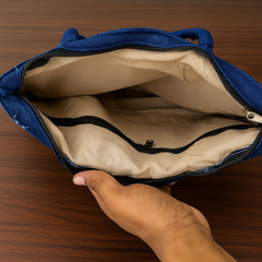 Navy Blue Handbag with Rabindranath Tagore Print & Traditional Motif