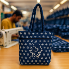 Navy Blue Handbag with Rabindranath Tagore Print & Traditional Motif