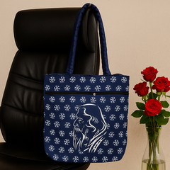 Navy Blue Handbag with Rabindranath Tagore Print & Traditional Motif