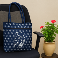 Navy Blue Handbag with Rabindranath Tagore Print & Traditional Motif