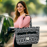 Black and White Boho Tribal Handbag with Long Straps