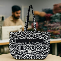 Black and White Boho Tribal Handbag with Long Straps