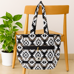 Black and White Aztec Pattern Handbag with Golden Zip Detail