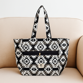 Black and White Aztec Pattern Handbag with Golden Zip Detail