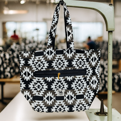 Black and White Aztec Pattern Handbag with Golden Zip Detail
